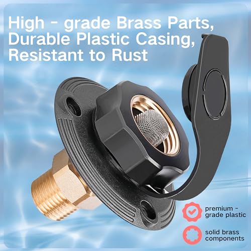 Image of RV City Water Inlet with Check Valve - 3 /4″ NH to 1 /2″ NPT Brass, Matte Black Dust Cap