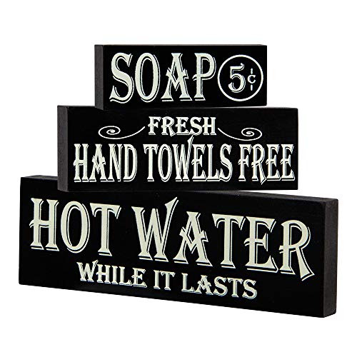 Hot-Water-Hand-Towels-Soap-Lot-of-3-Small-Wood-Block-Signs-Rustic-Bath-Country-Vintage-Look Hot Water Hand Towels Soap Lot of 3 Small Wood Block Signs Rustic Bath Country Vintage Look