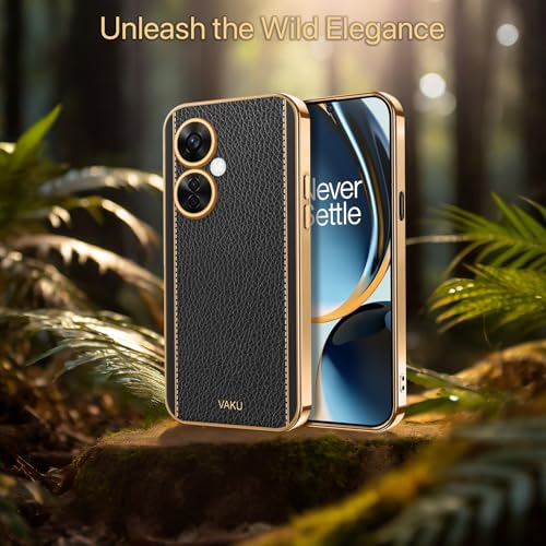 Image of Vaku Luxos Luxemberg Back Cover for OnePlus Nord CE 3 Lite 5G with Leather Pattern Gold Electroplated Soft TPU Cover Shockproof Protective Case- Black