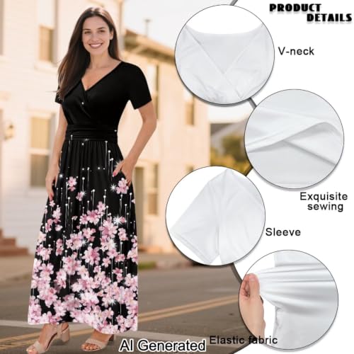 Image of Women's Fall Summer Short Sleeve Ankle Length V-Neck Party Dress with Pockets Size S-3XL