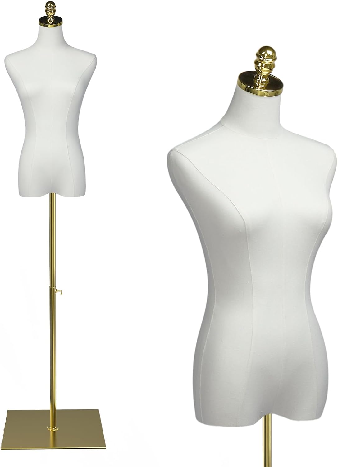 Bonnlo Female Dress Form for Clothing Presentation, Height Adjustable Women Mannequin Torse Body with Stable Gold Finish Metal Stand, Clothing Dress Jewelry Display Sewing Model (Beige, Regular)