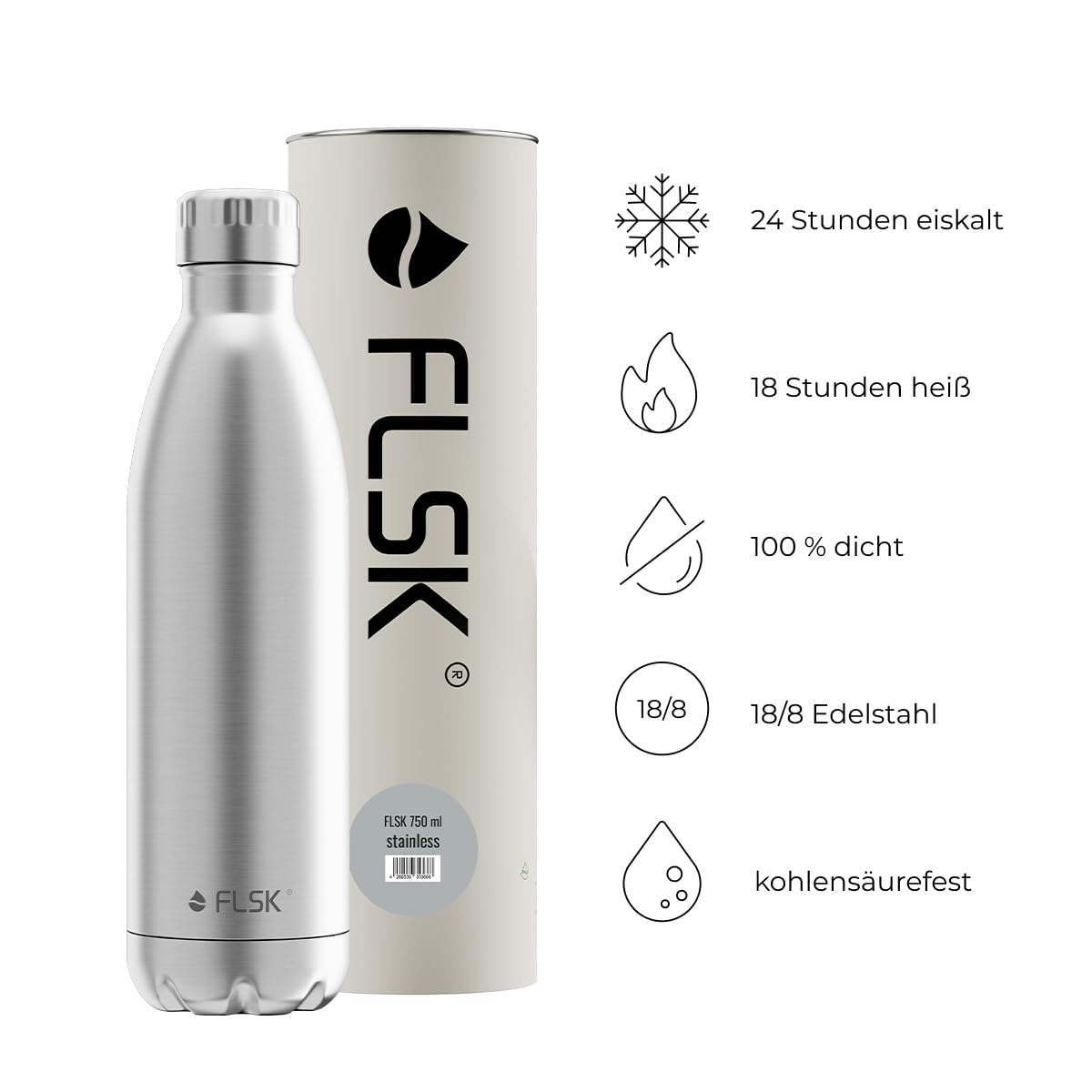 FLSK Botella termo de acero inoxidable de alta calidad, 100 % a prueba de fugas y con gas, mantiene el frío durante 24 horas y el calor durante 18 horas, sin BPA (inoxidable, 750 ml)