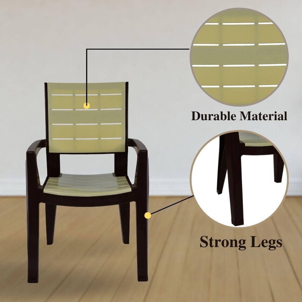 ITALICA Designer Series Comfortable Plastic Arm Chair/Double Insert Stackable Chair for Home, Office/Plastic Chair/Sturdy & Durable Chair/Indoor and Outdoor (Olive Brown & Ivory, Set of 2) 1