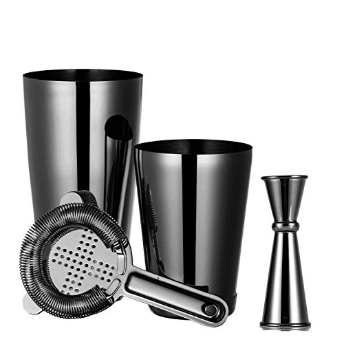 Black Boston Cocktail Shaker Set for Professional Bartender and Home Bar including 18oz & 28oz Tins Shaker, Strainer, Measuring Jigger, Cocktail Muddle,Mixing Spoon and cocktail pourer (9 piece)