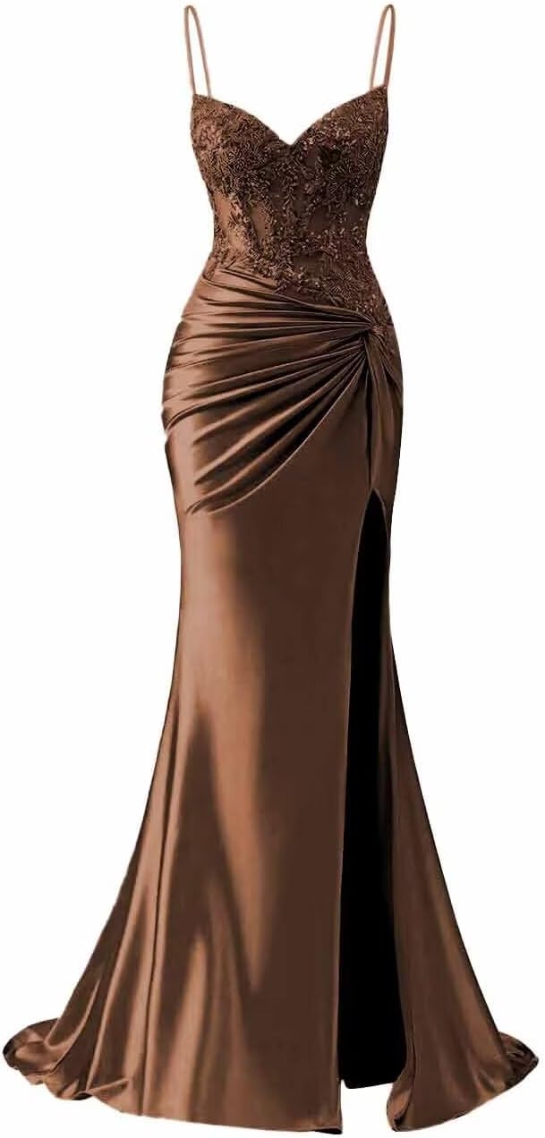ForElise Spaghetti Strap Satin Prom Dresses 2025 Long Mermaid Lace Applique Corset Evening Gown with Slit