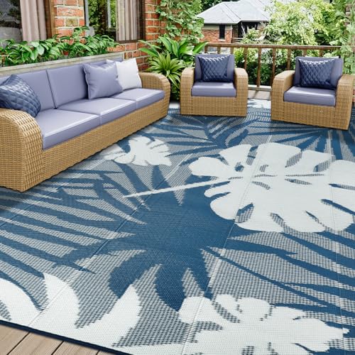 Homcomodar Outdoor Teppich 270x365cm UV-beständige Camping Matte Reversible Matten Kunststoff Stroh Teppiche Recycelter Patio Teppich für BBQ Balkon Strand Deck(Blau/Grau)