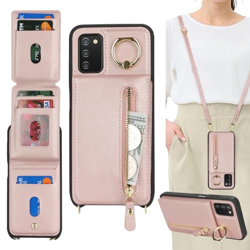 DEYHU Samsung Galaxy A03s Case with Card Holder for Women,Galaxy A03s Phone Case Wallet with strap Credit Card Slots Crossbody with Kickstand Zipper Case for GalaxyA03s - Rose gold