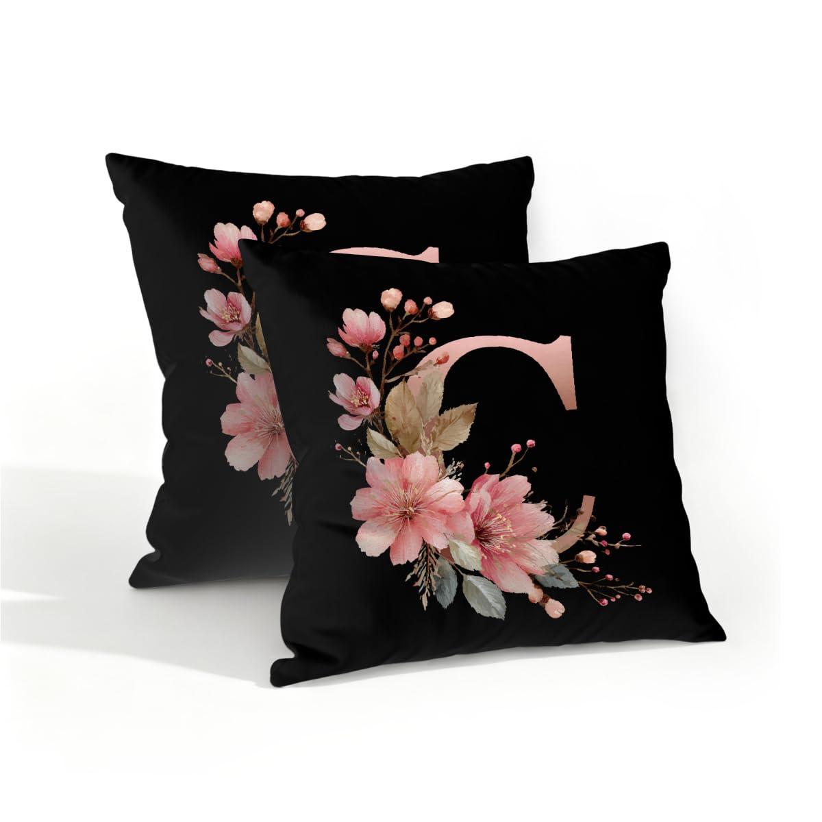 Outdoor Pillow Covers Waterproof Pillowcases 16x16in Set of 2 Botanical Floral Alphabet C On Black Decorative Throw Cushion Case for Couch Sofa Garden Patio Furniture