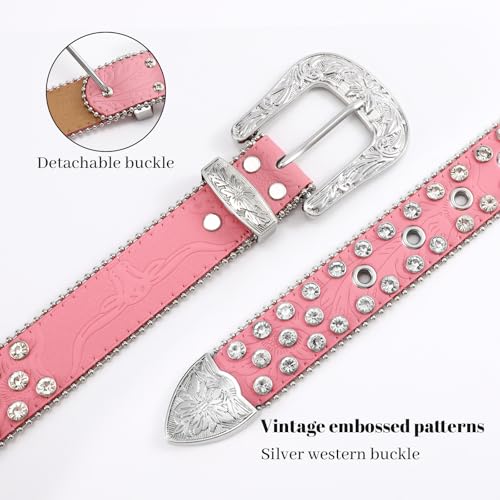 WERFORU Western Rhinestone Leather Belt,Cowgirl Cowboy Bling Belt For Jeans With Silver Vintage Western Buckle3