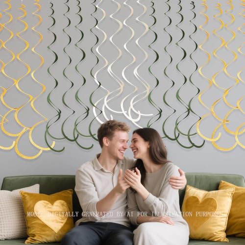 Image of 36Pcs Sage Green Gold Hanging Swirl Decorations Glitter Gold Olive Green Beige Felt Swirl Streamer Spiral Ceiling Garland for Wild One Jungle Woodland Safari Neutral Birthday Wedding Party Supplies