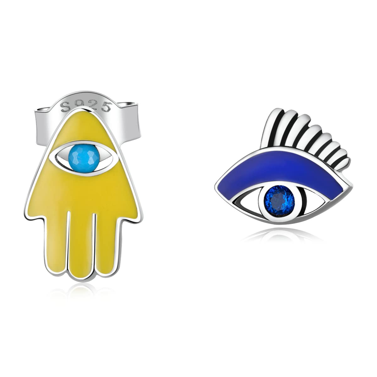 WZGWDC Sterling-Silber-Schmuck, 925er-Sterlingsilber, Dämonenauge und Glückshand-Kombinations-Ohrstecker für Frauen, Trendiger Ohrenschmuck, Party-Geschenk