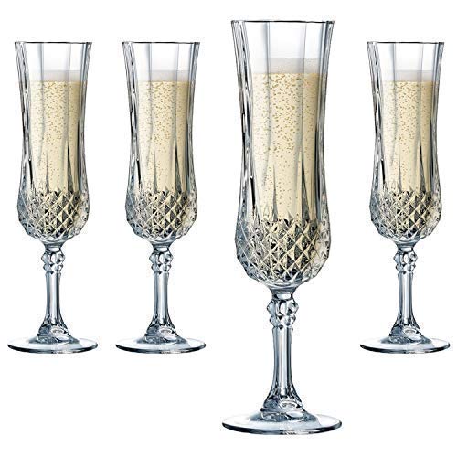 190ml Premium and Stylish Crystal Champagne Glass | Vintage Diamond Cut Design Long Champagne Wine Glass with Elegant Flutes Stem (Clear_185ml) Set of - (4)