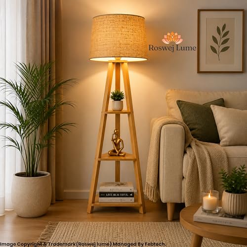 Image of Modern Wooden Triangle Floor Lamp with Shelves - 3-Tier Standing Lamp with Fabric Shade, Corner Shelf Light for Living Room, Bedroom, Study - Space Saving Decorative Lamp with Plant Stand...