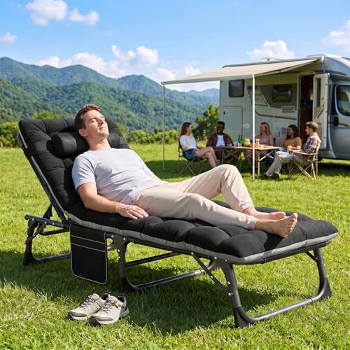 Image of ABORON Patio Lounge Chair, Folding Adjustable Chaise Chair, Max 450LB Load | 5-Gear Adjustable, Zero-Assemble, 75in Length, With Cotton Pad, Side Pocket, for Home, Garden, Beach, Office, Camping