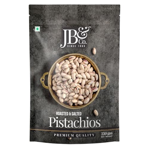 JB&CO Roasted and Salted California Pistachios, Premium Size pista, tasty, crunchy and delicious. 250g Ziplock Pouch