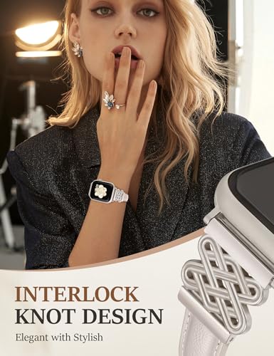 Image of Newlibery Leather Band for Women Slim Dressy Bands Compatible with Apple Watch 38mm 40mm 41mm 42mm 44mm 45mm 49mm, Designer Interlock Buckle Strap for iWatch Series 10 /9 /8 /7 /6 /5 /4 /3 /2 /1 /SE /Ultra