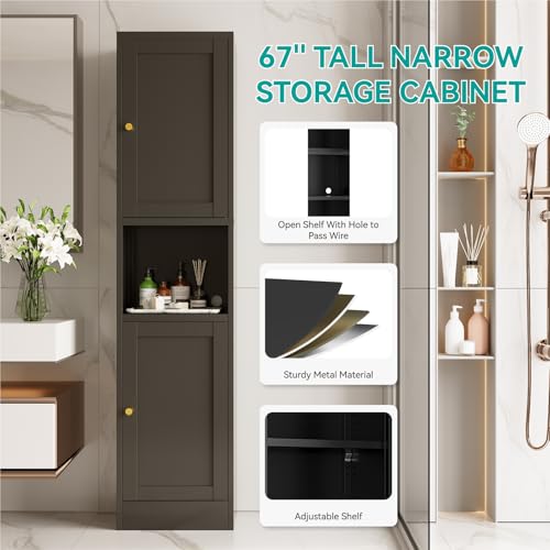 Image of 67 inch Tall Narrow Storage Cabinet with Doors and Open Shelf,Metal Pantry Cabinet,Shaker Style Slim Cabinet with Adjustable Shelves,for Bathroom Kitchen Laundry Small Spaces, Black, 1Pc