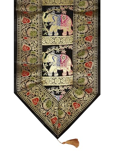 Image of Banarasi Brocade Zari Silk Table Runner Dinning & Centre Table Runner 177 By 30 CM (Black, Elephant)