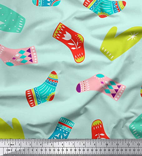 Image of Soimoi Green Cotton Voile Fabric Socks & Gloves Folk Art Fabric Prints By Meter 56 Inch Wide