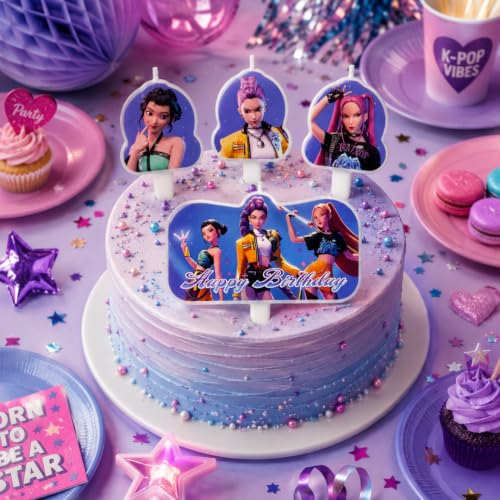 Image of Wanna Party Korean Pop Inspired Fantasy Hunter Birthday Cake Candles - 4PC Set, Decorative Character Theme Candle Toppers for Kids Birthday Party, Cake Decoration