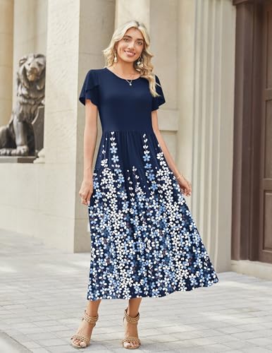 Image of Zeagoo Summer Dresses for Women 2026 Maxi Bohemian Floral Short Sleeve Long Dress Casual Flowy Tired Beach Sundress