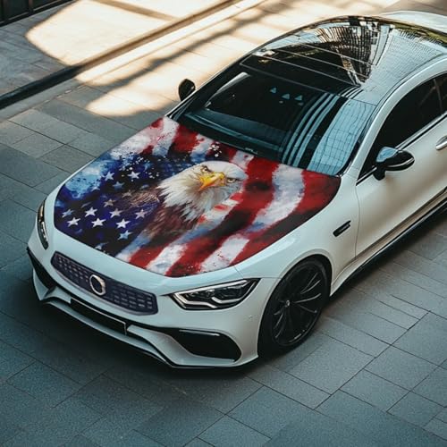 Image of Bald Eagle USA Flag Design Hood Cover for Car Sedan SUV Truck, 59x39 Inch Waterproof Sun Proof Car Hood Wrap Blankets, Universal Automotive Decorative Accessories