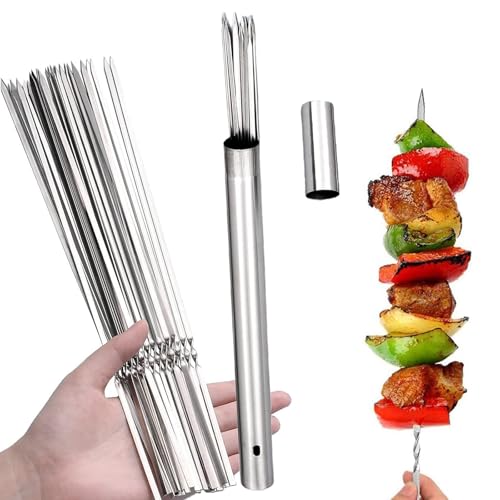 24 spiedini per barbecue in acciaio inox 304, lunghi 35 cm, piatti e lunghi, con tubo portatile in metallo, larghi, riutilizzabili, per barbecue, carne, gamberetti, pollo e verdure