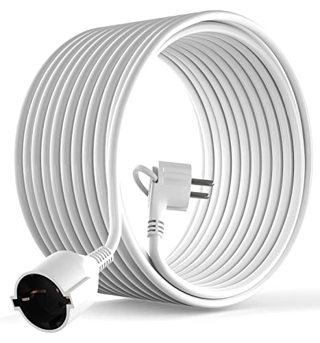 MutecPower 15 Meter Verlängerungskabel mit Flachstecker Qualitäts-Kunststoff Schuko Verlängerung mit Flachstecker Schutzkontakt 90 Winkelstecker & Schutzkontaktkupplung bis 250V 16A IP20-15m weiß