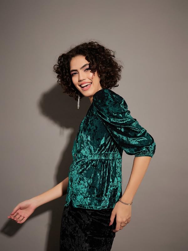 Image of SASSAFRAS Emerald Velvet Front Button Top