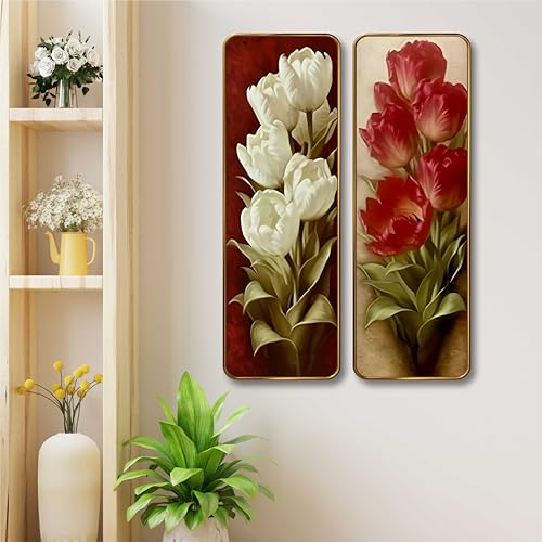 Image of Livin'luxe Red & White Tulip Set of 2 Vertical MDF Wall Panels | Premium Sparkle Lamination Finish | Elegant Floral Art Wall Decor for Living Room & Bedroom (12 x 18 Inch) AS-03