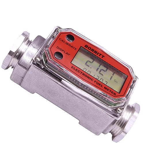 BORRITT 1\" Inch Aluminum NPT Inlet/Outlet Threads LCD Electronic Digital Display Turbine Fuel Flow Meter 0.75-Inch Reducer Bushings for Measure Diesel, Kerosene,Gasoline Oil Water 32GPM Max Flow Rate