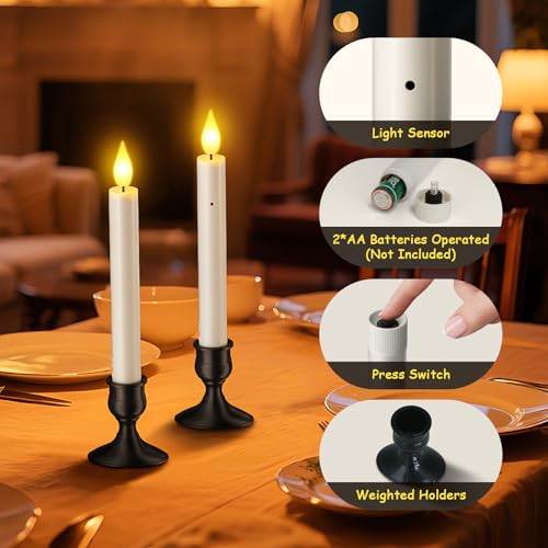 Image of Yme 10 PCS Flameless Taper Candles with Dusk to Dawn Sensor, 7.2 inch Window Candles Battery Operated with Holders, LED Candle Sticks Christmas Window Lights for Christmas Halloween Holiday Home Decor