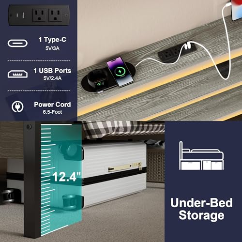 Image of J.Fkne Twin Bed Frame with LED Lights & Charging Station, Metal Platform Bed with Headboard, Heavy Duty Metal Slats, No Box Spring Needed, Noise Free, Easy Assembly