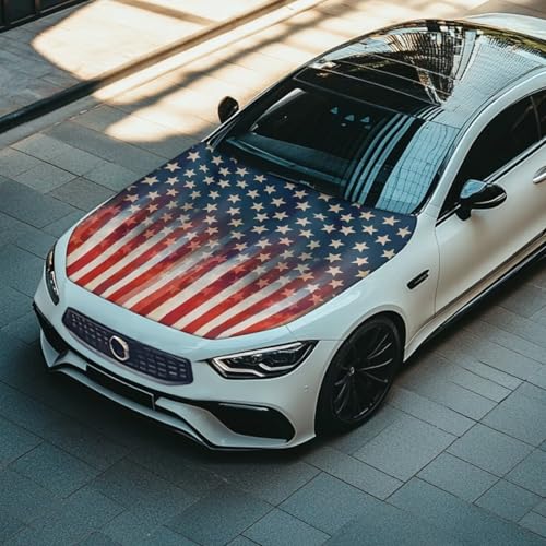 Image of Vintage American Flag Print Car Hood Cover Stretchable Car Bonnet Banner Polyester Can be Washed Engine Cover Protective Vehicles Decorate Accessories