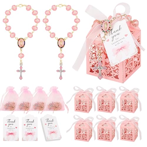 J6&H6 48pcs Pink Baptism Favors Set Includes Cross Crystal Beads Pink Drawstring Organza Bags Thank You Cards and Cross Boxes For Baptism Recuerdos Christian Gifts First Communion Baptisms