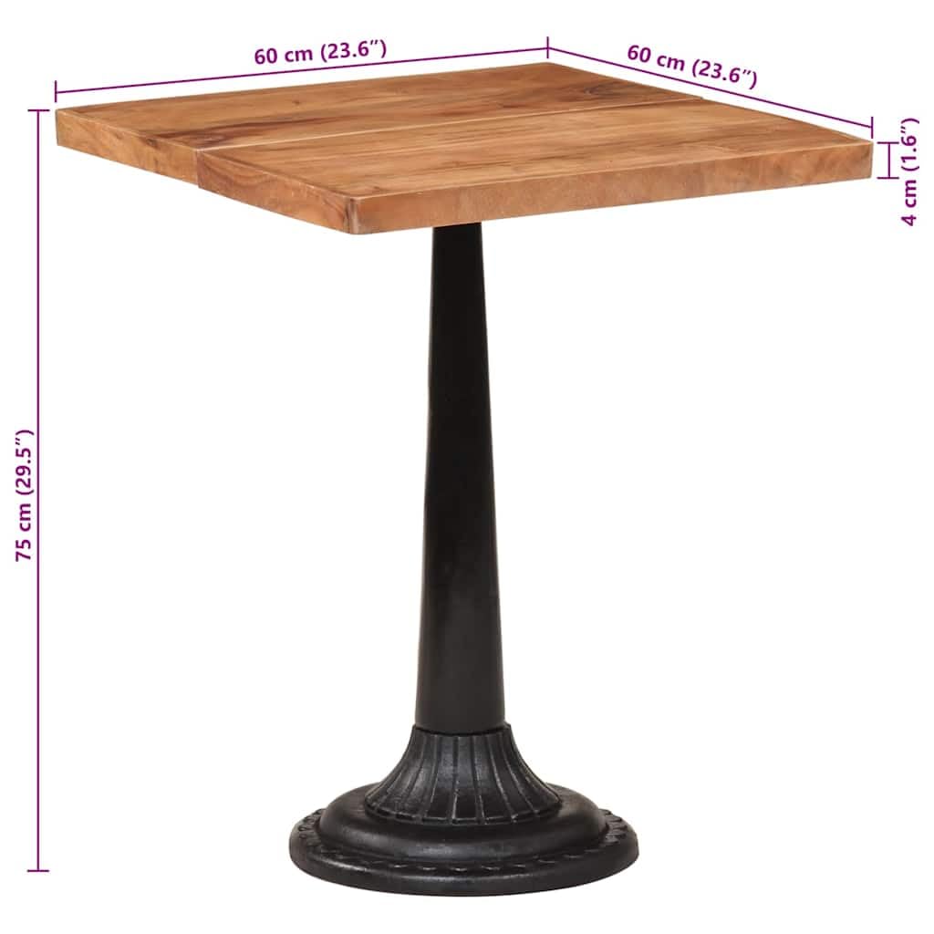 Tavolo da bistrot in legno massiccio di acacia, 60 x 60 x 76 cm, con struttura in ghisa, tavolo da pranzo, tavolo da cucina, tavolo da pranzo, design vintage moderno per famiglia e ospiti