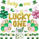 RenbangUS St. Patricks Day First Birthday Party Decorations,Glitter Lucky One Shamrock Garland Banner Cupcake Toppers Lucky One Four Leaves Clover Foil Balloons,Shamrock Irish Lucky One 1st Birthday Party Supplies