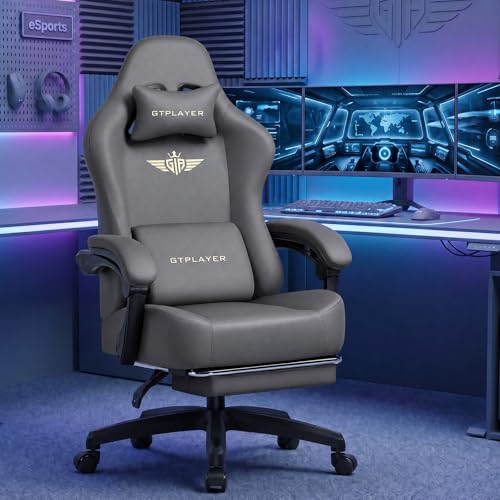 Image of GTPLAYER Big and Tall Gaming Chair 400lbs Heavy Duty Office Chair with Footrest, High Back Pocket Spring Ergonomic Computer Chair for Adults, Wide Seated Cushion with Linkage Armrests, Leather Grey