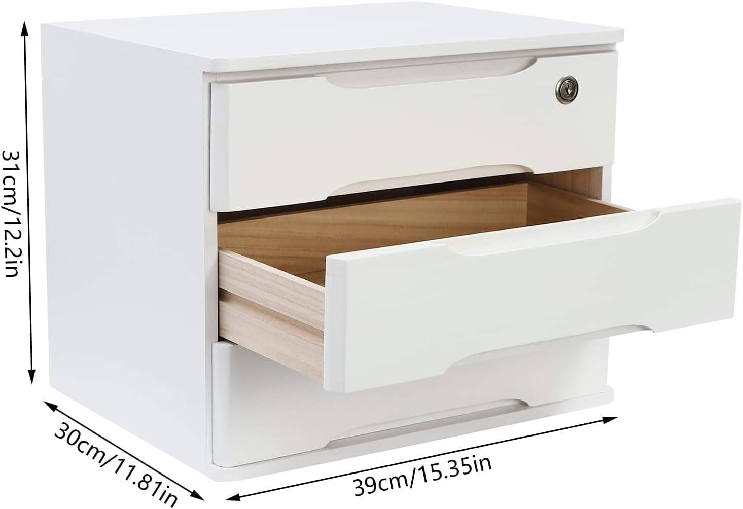 Organizer da Scrivania in Legno con Serratura E 3 Cassetti, Ideale per Ufficio, Studio E Casa - Elegante Scatola Porta Documenti E Raccoglitori, 39 X 30 X 31 Cm, Perfetta per White
