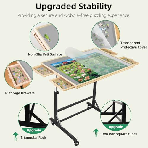 Image of ALL4JIG 2000 Pieces Puzzle Table with Legs and Wheels, 28.50 inchx40.16 inch Wooden Jigsaw Puzzle Table with 4 Drawers & Cover,Vertical Option,Laptop&Drafting Table for Couch,for Lego Building
