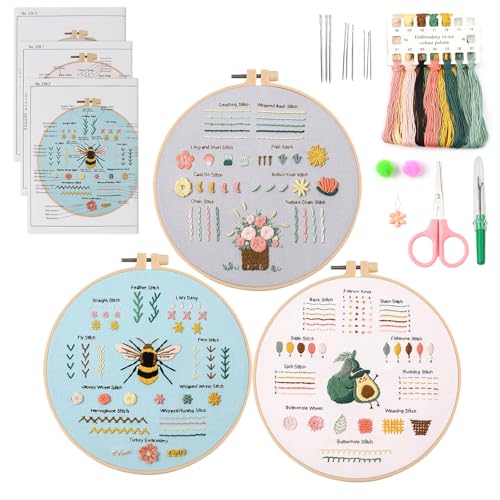 QEEYON Kit de práctica de bordado para principiantes, 3 juegos de kit de iniciación de bordado para adultos, aprendizaje de 30 puntadas diferentes, incluye tela con patrones, hilo, agujas, aros