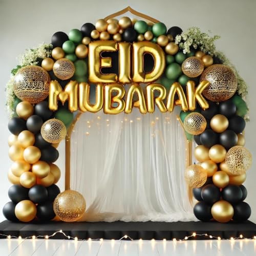 Image of Eid Mubarak Balloon Decoration (Eid Mubarak foil Banner White Tule Net and Light with Black Green and White Balloons)