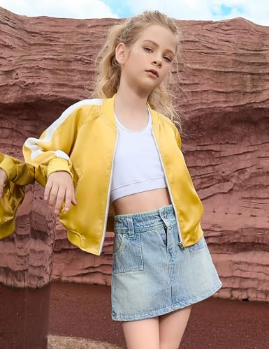 Perfashion Satin Bomber Jacket for Girls Zip Up Varsity Cropped Coat Sparkly Windbreaker with Pockets 4-13Y2