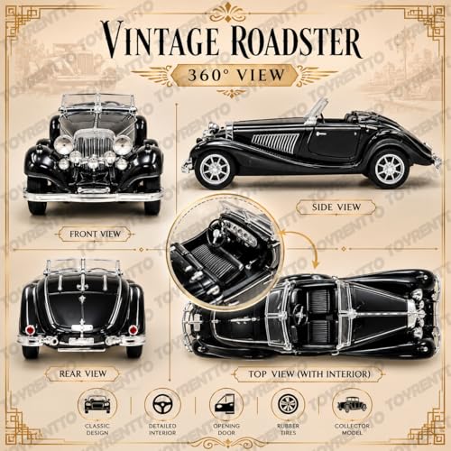 Image of 1:36 Scale Vintage Diecast Metal Roadster Toy Car, Openable Doors, Pull Back Action Classic Retro Model, Detailed Interior Collectible Gift for Kids Boys Girls Adults (Black)