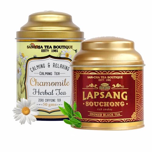 Image of Sancha Tea Boutique, Tea Combo Pack: Chamomile Flower, 50g Caffeine Free Herbal & Smoked Lapsang Souchong (Russian Caravan) Teas, 50g Loose Leaves