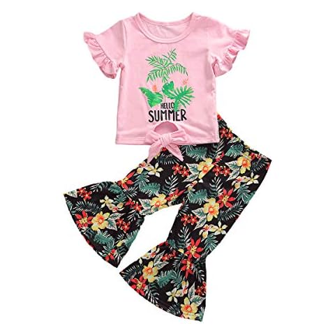Baby Girl Summer Outfit Set 2Pcs Hello Summer Print Plant Short Sleeve Ruffled T-Shirt + Bell-Bottom Pants Sets (Plant Pink, 12-24 Months) Cover