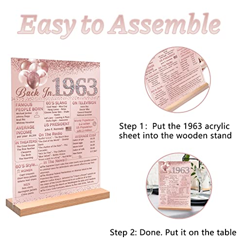 Vlipoeasn Pink 60Th Birthday Anniversary Table Decoration 1963 Poster For Women, Rose Gold Back In 1963 Acrylic Table Sign With Wooden Stand, 60 Year Old Birthday Party Centerpieces Gift Supplies #TOP2