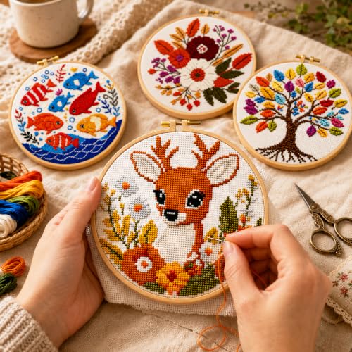Image of Zhenqing 4 Pack Nature Stamped Cross Stitch Kit for Adults and Beginners, 11CT Printed Fabric Deer Tree Fish Flower Patterns with Hoop, Threads, Needles, Scissors, Threader, Guide