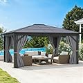 DWVO 10x12ft Gazebo Hardtop Double Roof Polycarbonate Canopy Outdoor with Netting and Shaded Curtains, Metal Frame Garden Tent for Patio, Backyard, Deck and Lawns, Gray