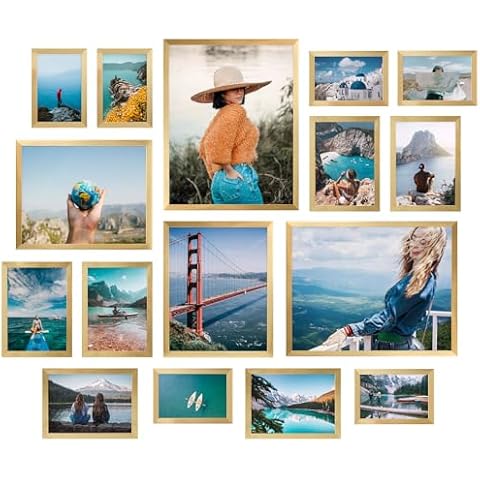Giftgarden 16 Pack Gold Picture Frames for Multi Sizes Photos, Assorted Set Including Two 11x14, Two 8x10, Six 5x7, Six 4x6, Gallery Collage Frame for Wall or Tabletop Display Cover
